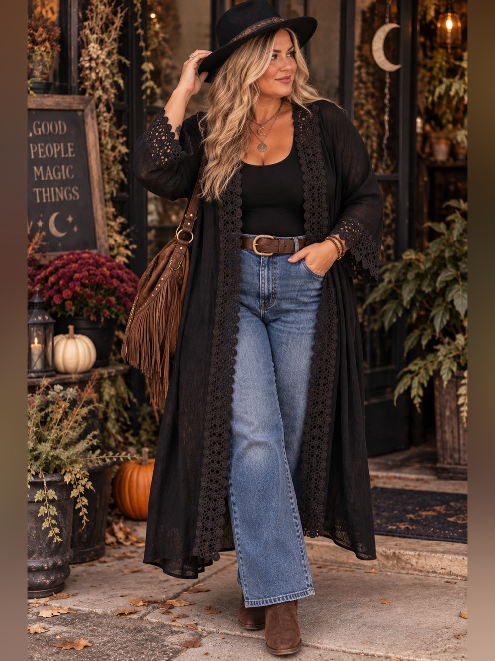 BloomChic Size 28 Black Lace Trim Kimono Duster Boho Sheer Open Front Plus Size